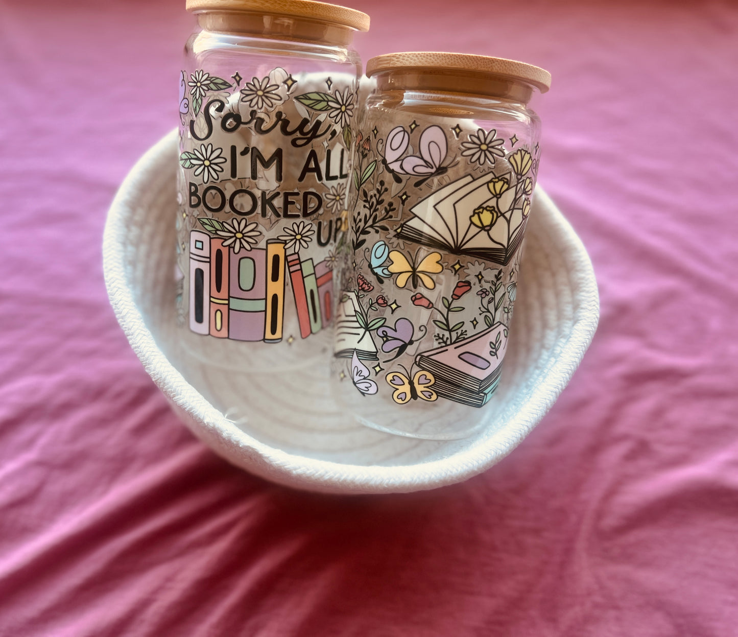 "Sorry, I’m All Booked Up Glass Can – With Bamboo Lid & Glass Straw"