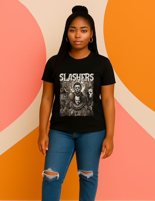 Slashers Squad Halloween Tee – Horror Movie Villains Graphic T-Shirt
