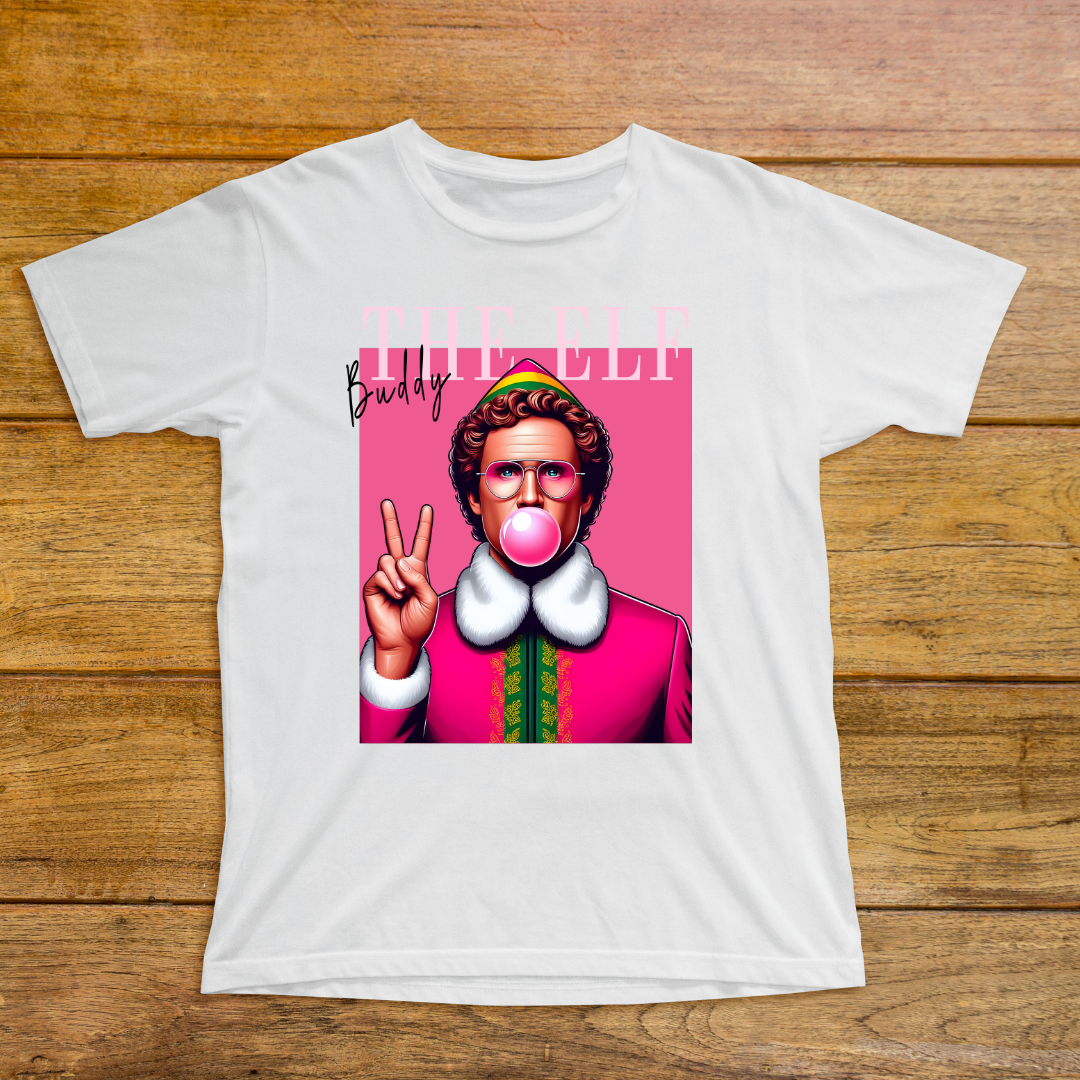 "Buddy the Elf Blowing Bubble Gum Tee – Pre-Order Now!"