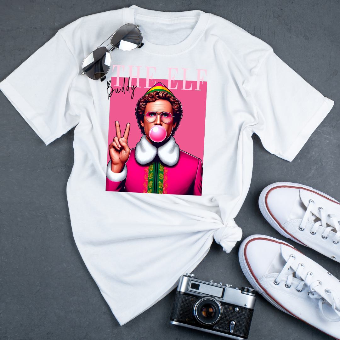 "Buddy the Elf Blowing Bubble Gum Tee – Pre-Order Now!"